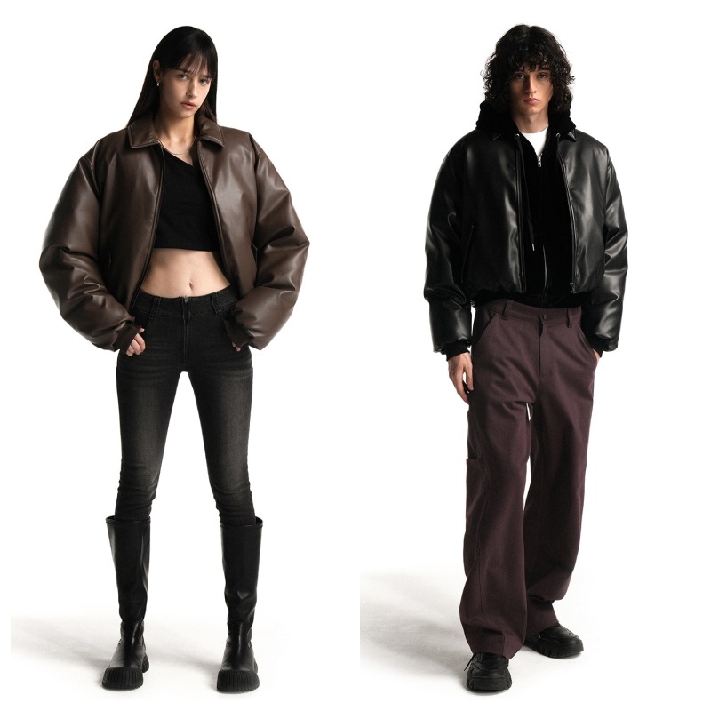 【WOOALONG】 LEATHER PADDING BOMBER JACKET : 2COLORS