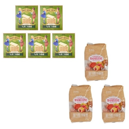 ノーブランドグリーンティークレープ180g x 5個+イチゴジャムマドレーヌ500g x 3個学校事務所
