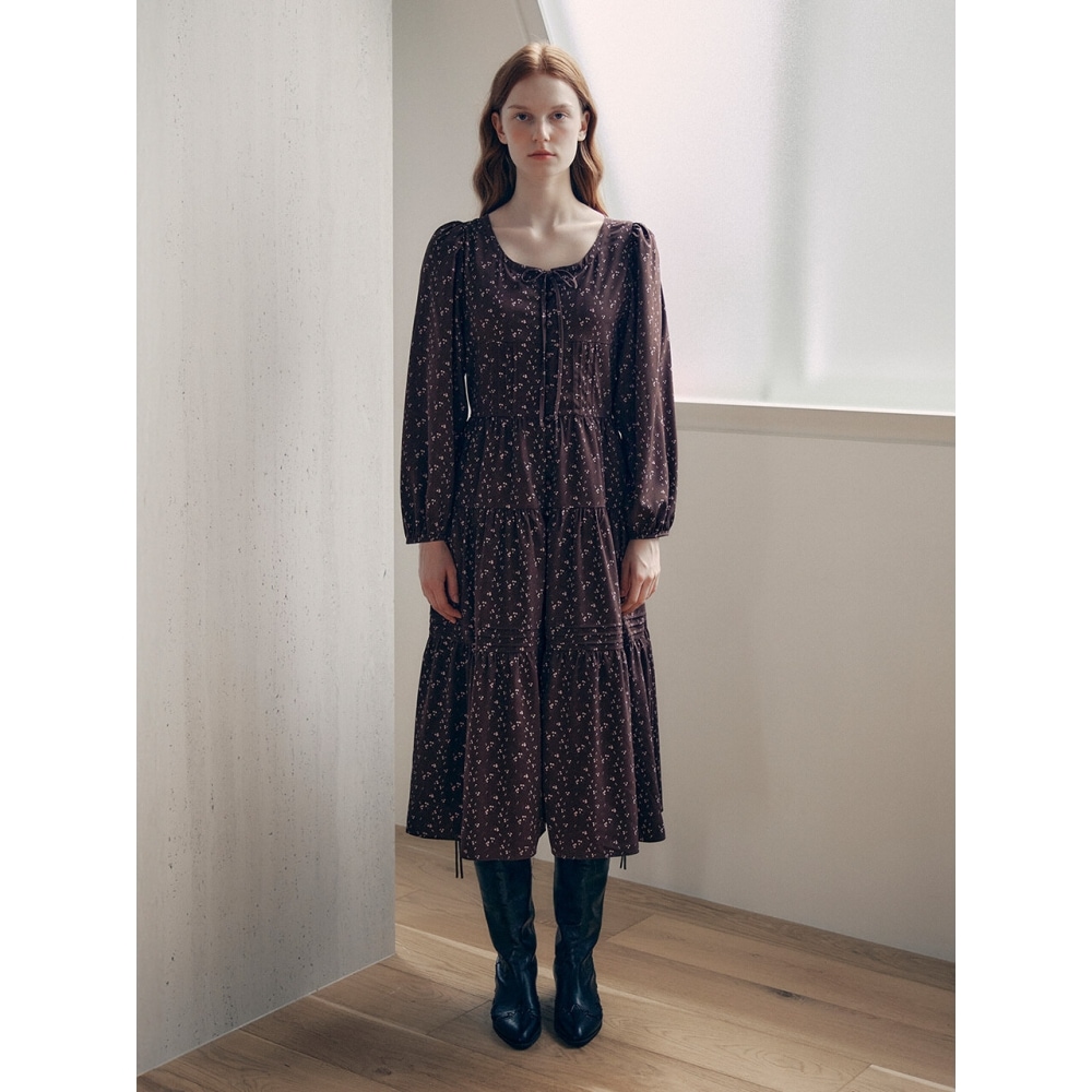 ロラローラフラワーピンタックロングドレスブラウン