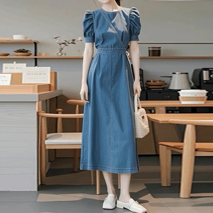ワンピース ドレス 袖あり デニム 袖コンシャス パフスリーブ レディース エレガント きれいめ カジュアル ロング丈 大人 可愛い 半袖 シンプル Vネック Aライン フェミニン おしゃれ ハイウエ