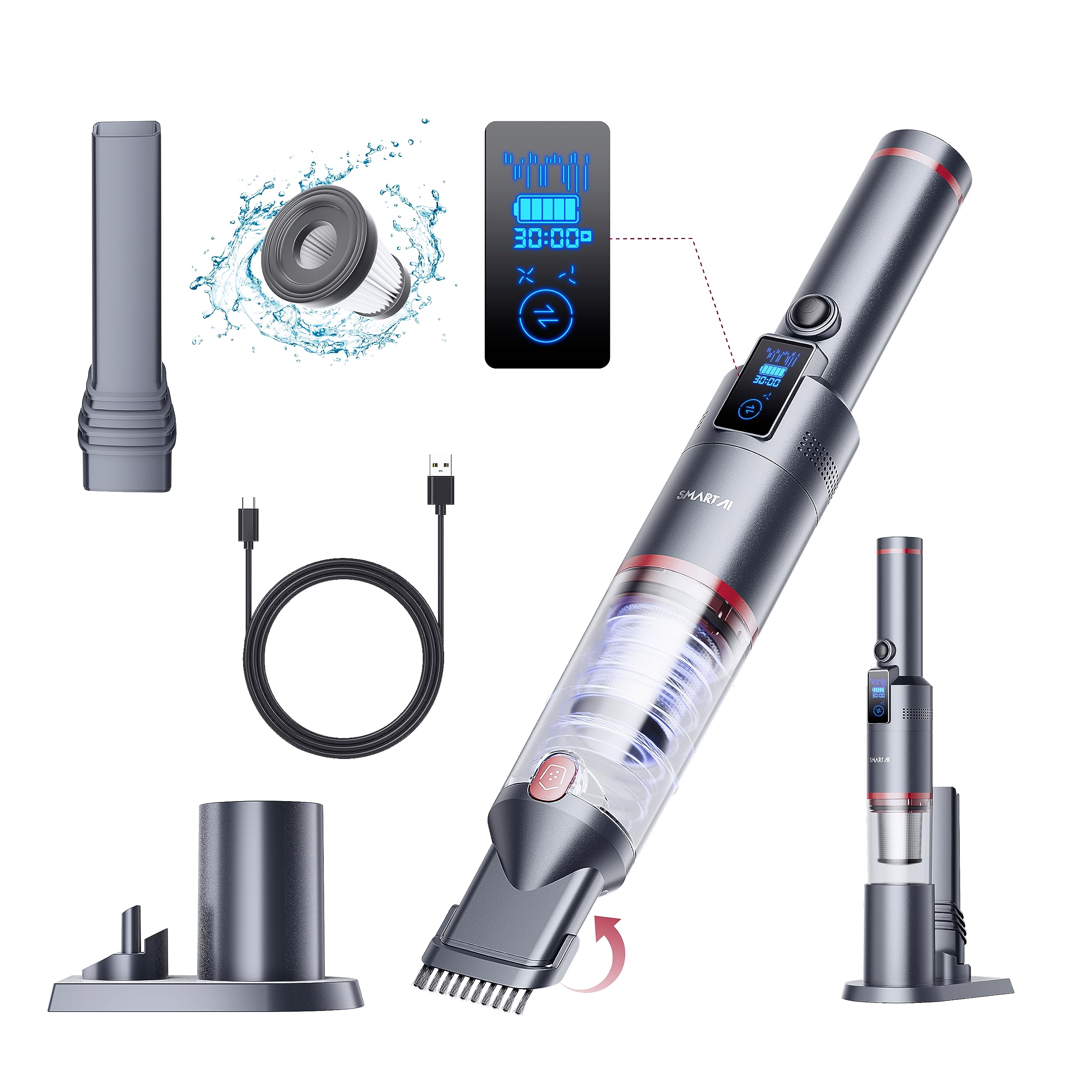 SmartAI ハンディ掃除機 コードレス 車用 19000Pa 強力吸引 30分連続稼働 OLED画面付き 電池残量表示 200ml 大容量 多機能 ハンディクリーナー 0.5kg超軽量 静音 小型