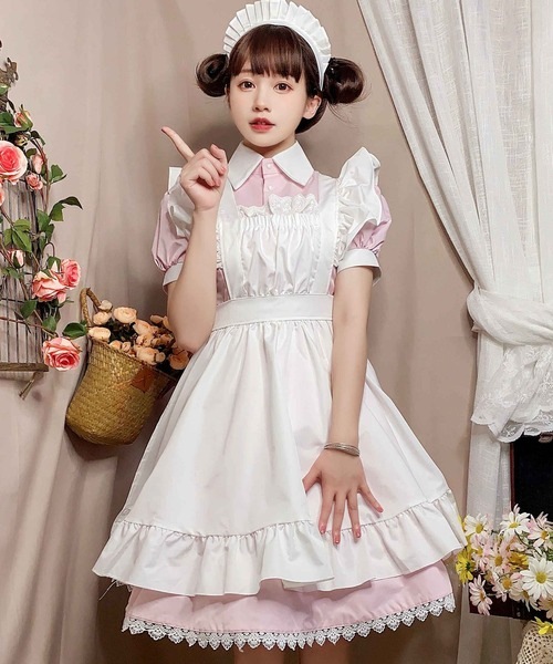 コスプレ コスプレ メイド服　半袖　膝丈 ３点セット レディース