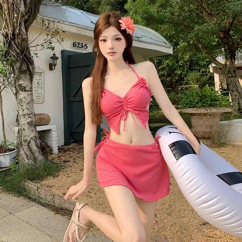 水着 ビキニ スリーピース 魅惑的 ローズレッド ネット 温泉 Vネック レディース 海 プール レジャー 海水浴 夏 スイムウェア