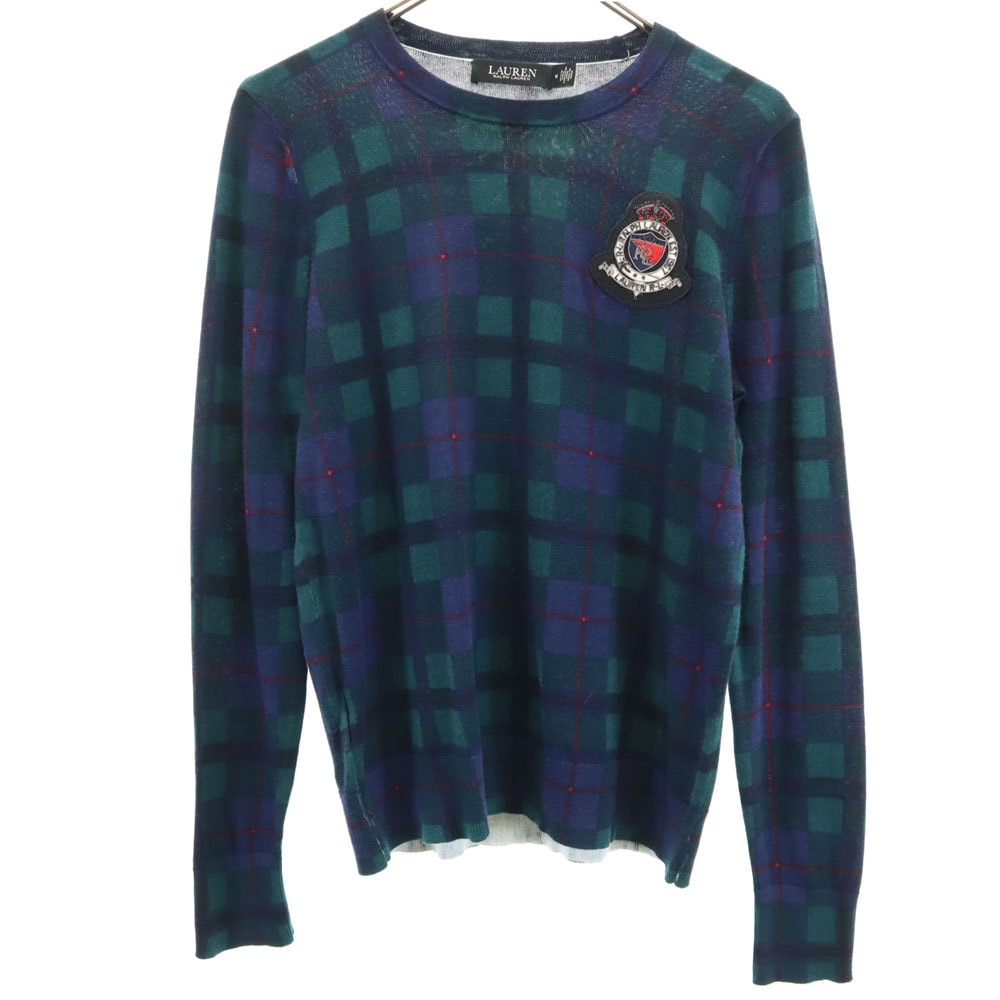 LAUREN RALPH LAUREN ローレンラルフローレン チェック柄 長袖 ニット M グリーン セーター レディース 古着