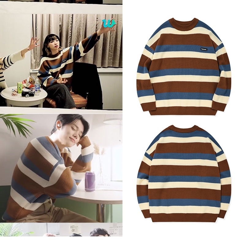 [TXTヨンジュン & ルセラフィム チェウォン着用] ワッペンミックスカラーブルーキャメルセーター ファン必見アイテム