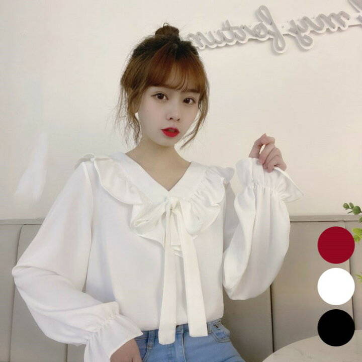 とろみシャツ トップスとろみシャツ 長袖 ブラウス 無地 リボン付き Vネック 薄手 レディース ゆるブラウス フリル付き お洒落 キレイめ カジュアル 大人可愛い
