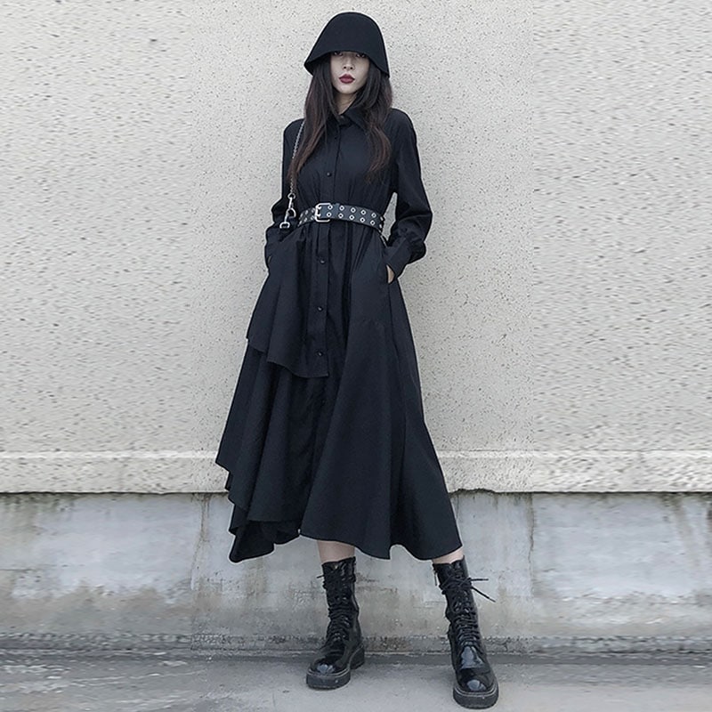 女性の不規則な長袖シャツスカート秋の新しいファッションゆるくて薄い大きいサイズの女性の気質非対称シャツスカート黒多目的なシンプルなカジュアルな女性の長いスカート