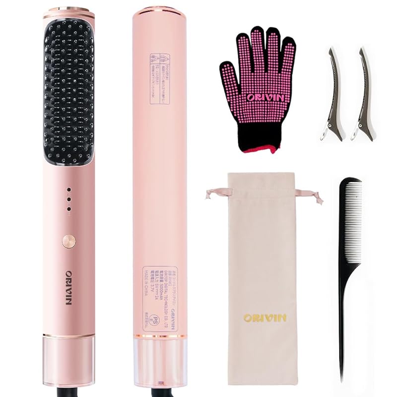 ORIVIN ヘアアイロンブラシ ヒートブラシ 縮れフリー やけど防止 恒温制御 サロン用 家庭用 ストレートブラシ (Pink Set)