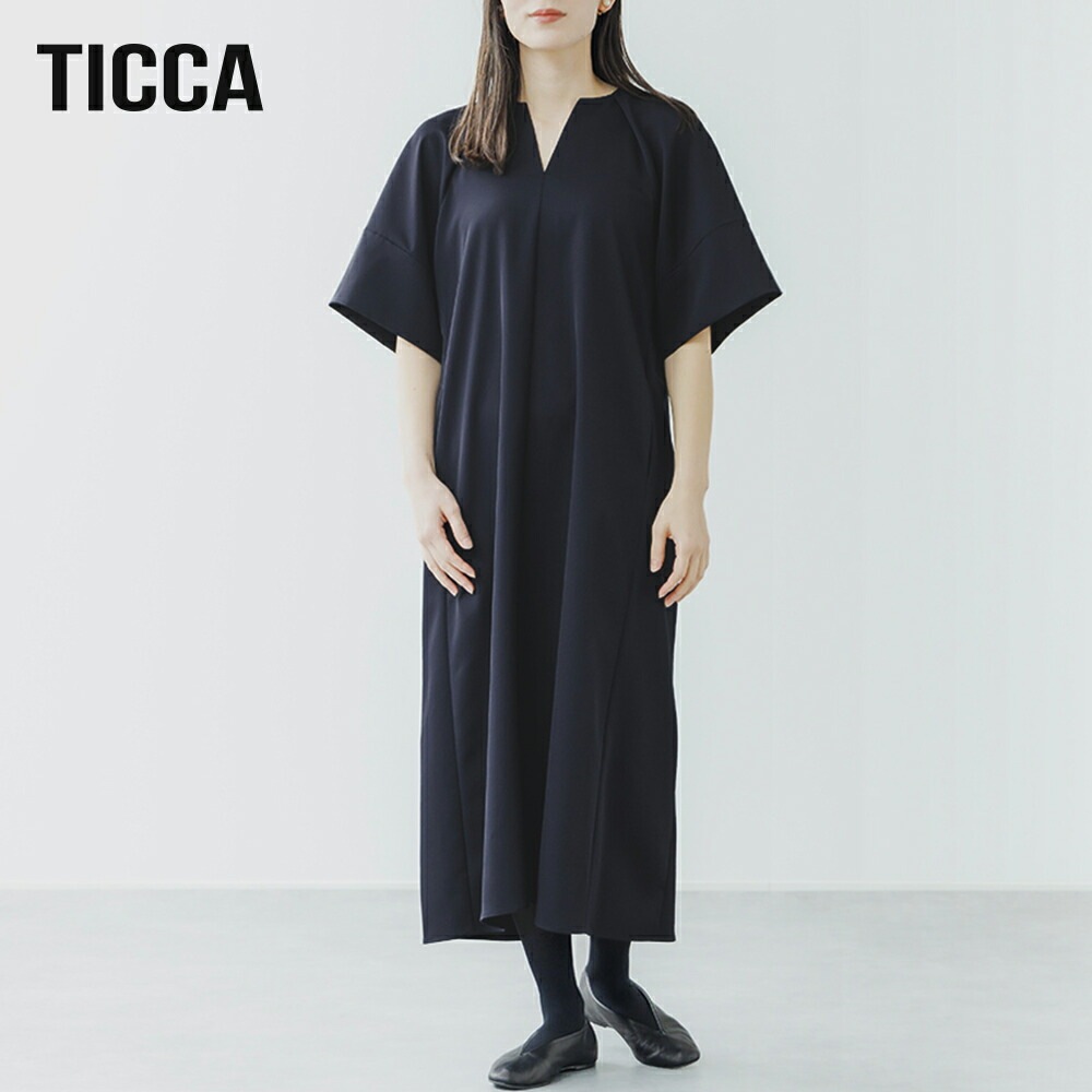 【2025春夏】TICCA（ティッカ）キーネックドレス TBES-121 0251407121 半袖 ワンピース オケージョン 結婚式 入園式 入学式 日本製 大人 紺 ネイビー 2025SS