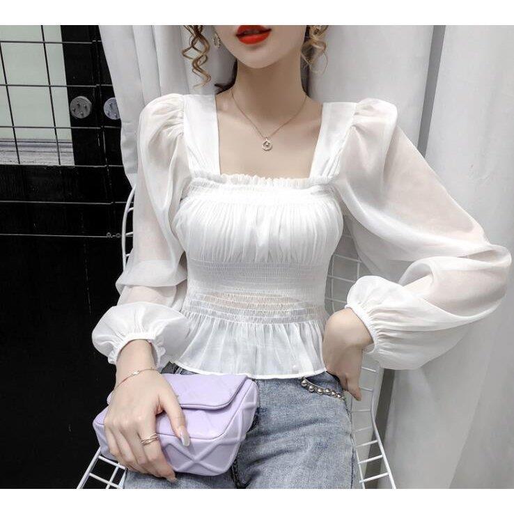 新作　シフォンブラウス チューブ パフスリーブ 長袖ブラウス スクエアネック シャーリングトップス 透け感 フィットファッション レディース トップス シャツ バレンタイン 2023 プレゼント 7,890円