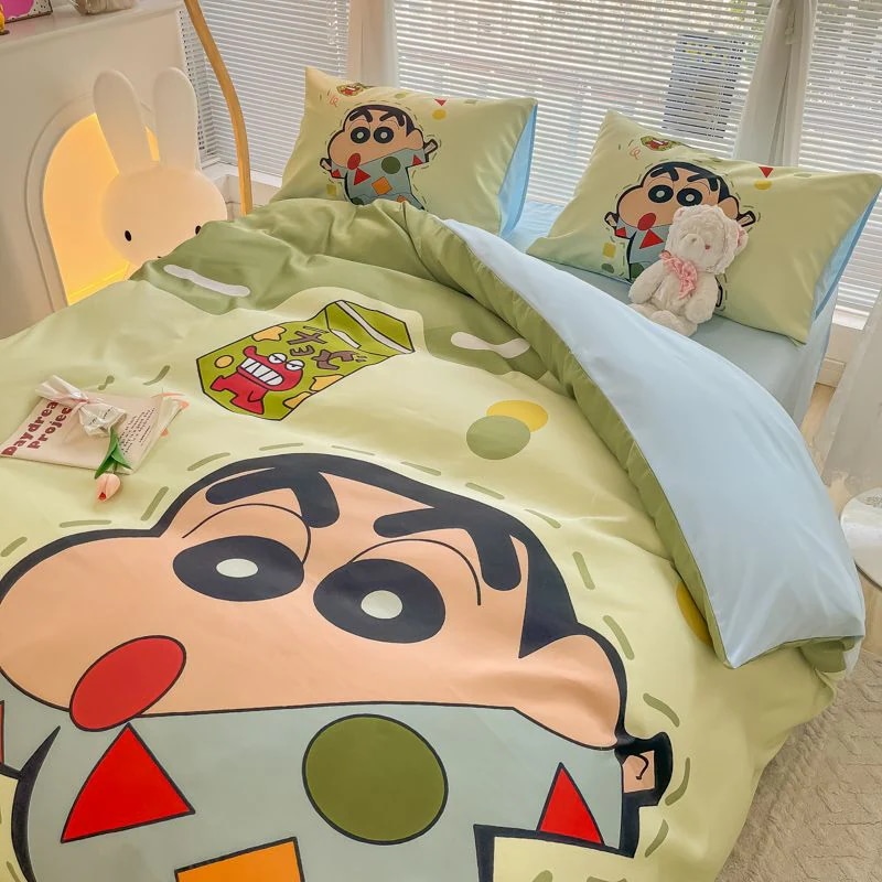 [限時優惠/最新デザイン]クレヨンしんちゃん氷糸4点セット夏児童アニメ水洗いシルク布団シーツ学生寮3点セット