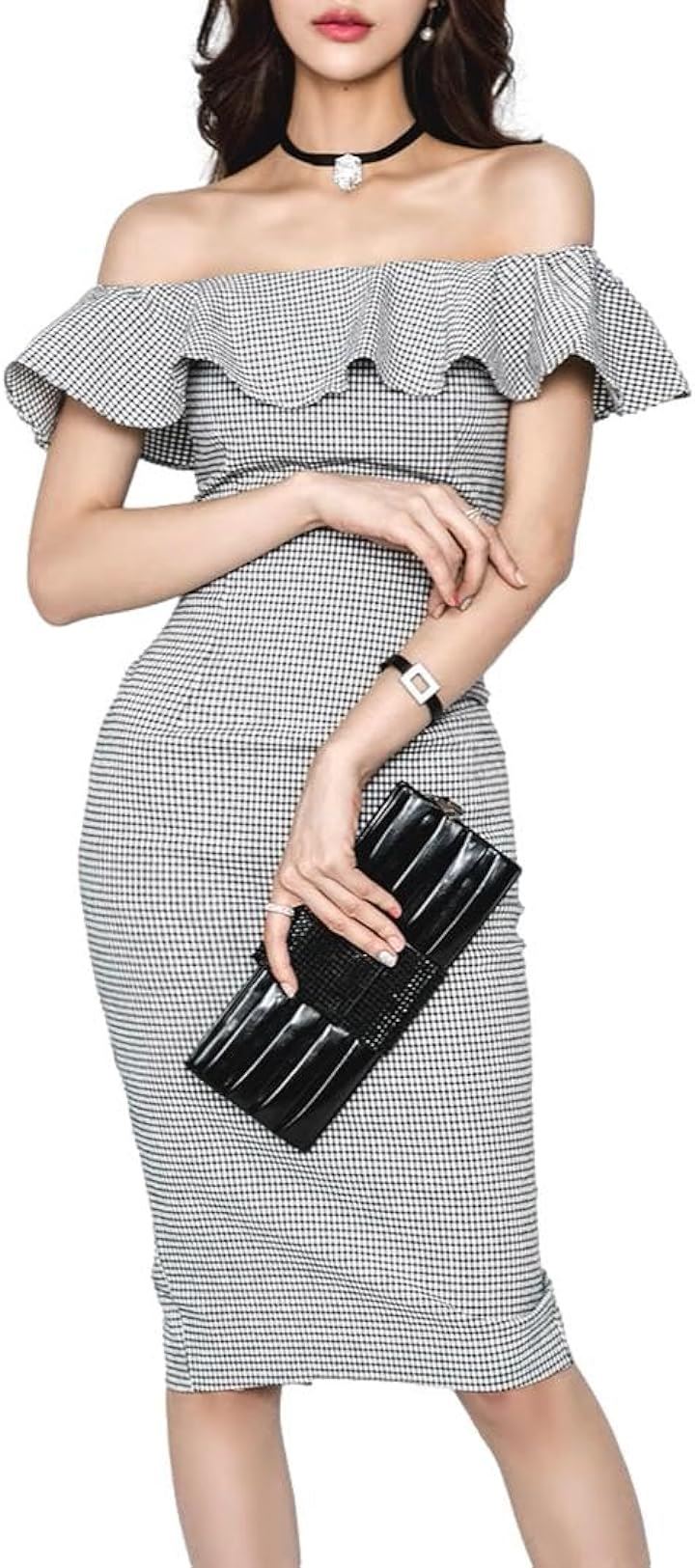 オフショルダー ワンピース フリル タイト ミディ クラブ ドレス ノースリーブ ハイウエスト ひざ丈 レディース EC3( グレー, S)