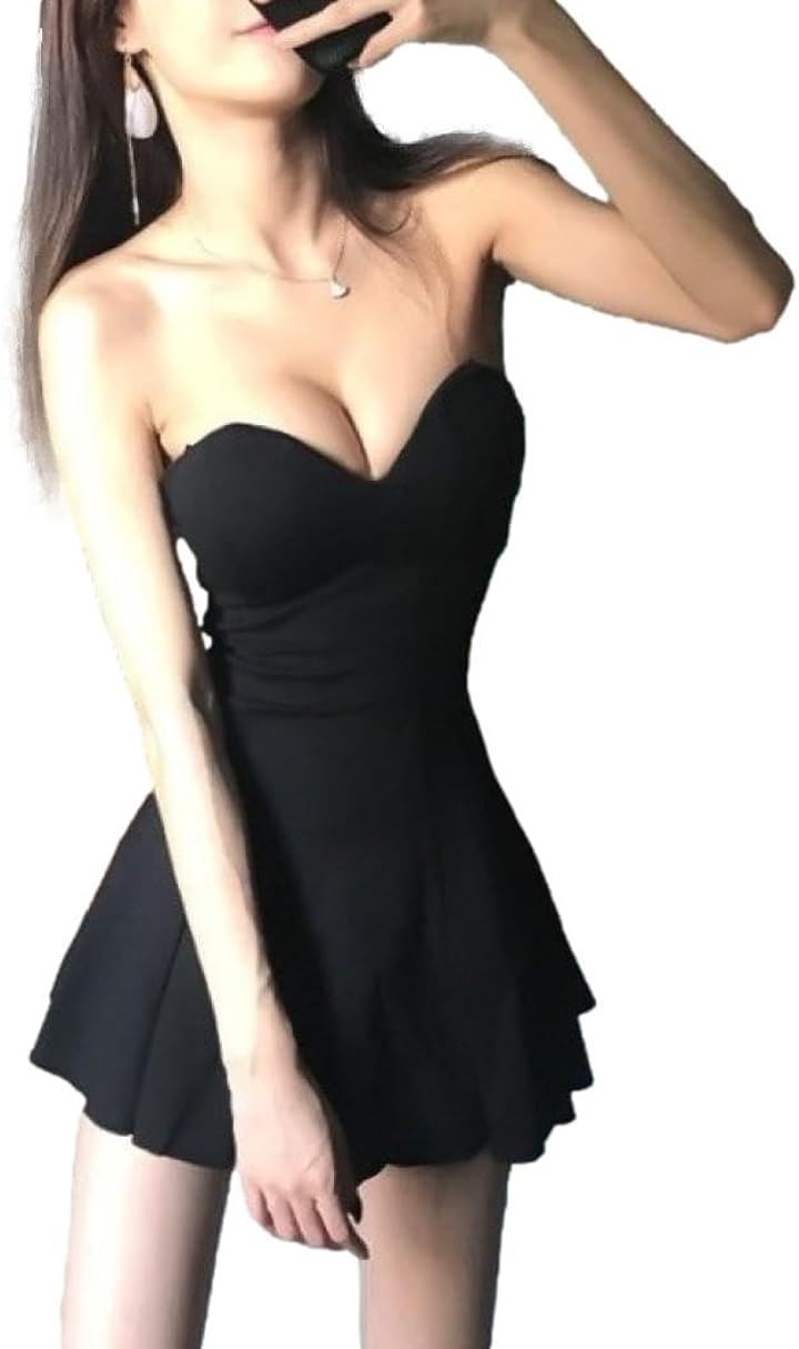 キャバドレス ミニワンピース クラブドレス フレア ベアトップ オフショルダー ノースリーブ ハイウエスト レディース E95( ブラック, S)
