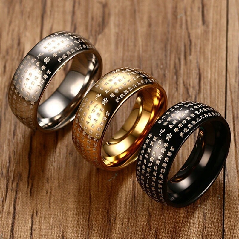 般若心経ステンレスリング（VRR063）13-31号 7サイズ 3色 甲丸 金色 ゴールド 銀色 シルバー 金色 ゴールド 指輪 仏教 写経 お経 プレゼント 男性 女性 r1079