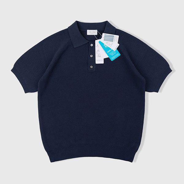 男性 ピーナッツ カラーネック スカシ 半袖 ニットTシャツ AT KNH Q013 ネイビー_P422768702