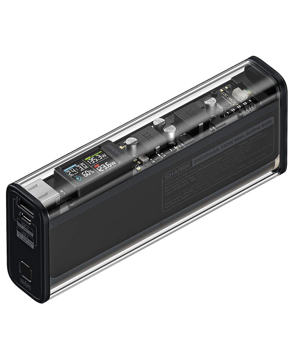 【SHARGE SHARGEEK 140W】モバイルバッテリー 最大出力140w スマートディスプレイ 残量表示 透明デザイン 20000mAh大容量 急速充電 2台同時充電 USB-C*1/USB-