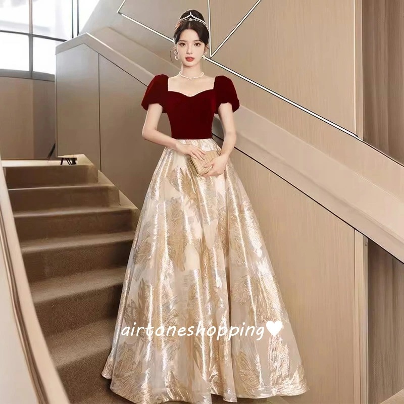 結婚式ドレス 二次会ドレス ワイン赤 ベロア ベルベット ロングドレス イブニングドレス ワインレッド シャンパンゴールド パフスリーブ パール オシャレ 可愛い 発表会ドレス パーティードレス 大き