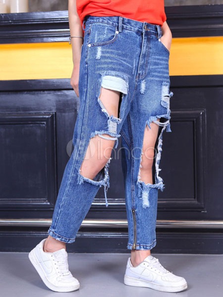 ブルーカットアウトジーンズユーズドシックなデニムジーンズ女性のための