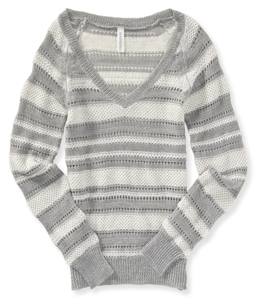 AeropostaleStriped Open Knit V-Neck Sweatersize:M color:LT HTHR GREY 国内即納発送 5,202円