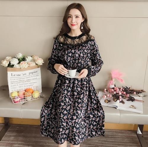 1248．小花柄シフォンロングワンピース（ブラック）