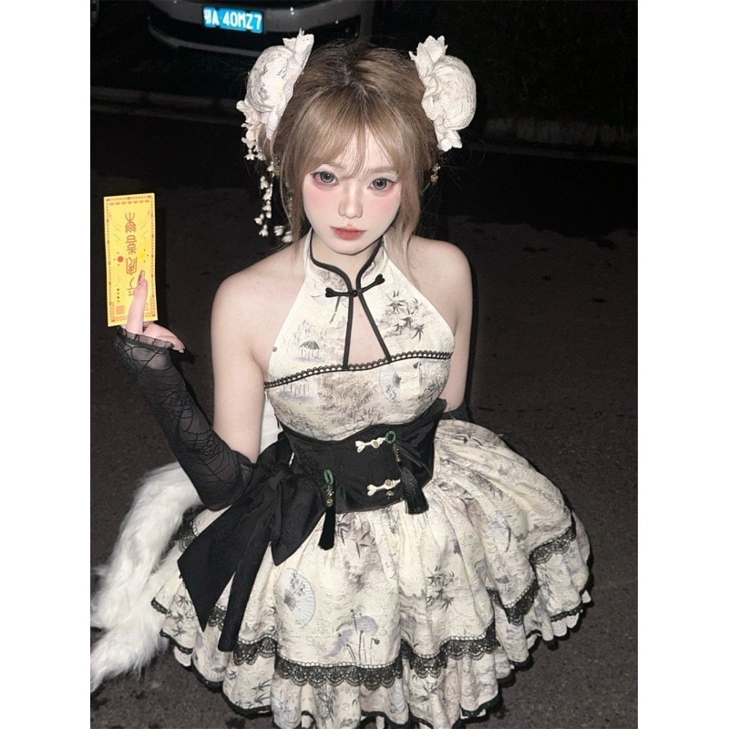 新しい風レトロ宮殿スタイル国民風ロリータ背中の開いたホルタードレス夏プリンセスチュチュスカート女性用ショートスカート 6,767円