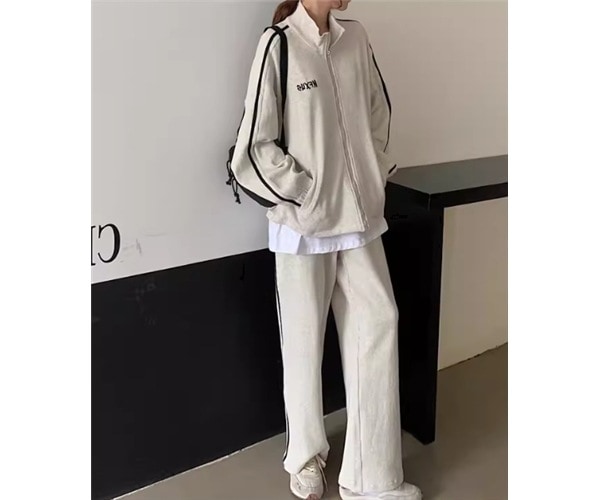 二点セット 上下セット ツーピース レディース スウェット ジャージ セットアップ スポーツウェア フルレングス 長袖 ファスナー 前開き シンプル カジュアル おしゃれ かっこいい ラフ