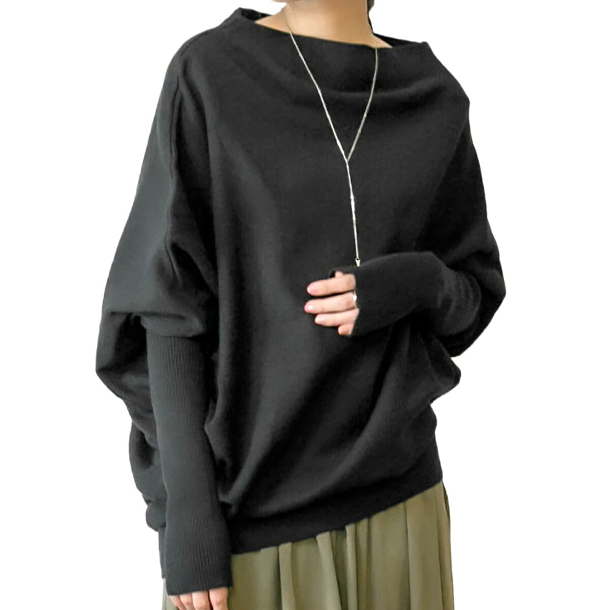 ニット セーター 長袖 薄手ニット 変形ニット プルオーバー 私を少しだけ崩す変形ボトルネックニット 体型カバー 大きいサイズ ゆったり ボートネック チクチクしない 大人カジュアル シンプル モー