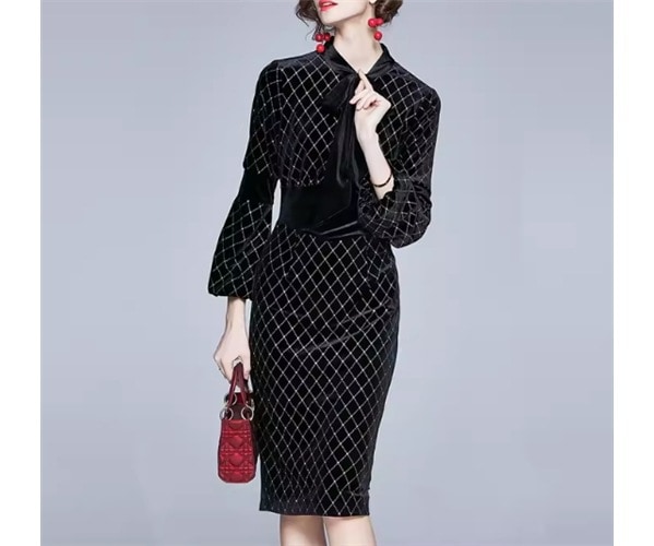 レディース ワンピース プルオーバー ドレス ミモレ 長袖 ボリューム袖 ランタンスリーブ ラウンドネック りぼんタイ Aライン フェミニン ウエストマーク ハイウエスト 切り替えデザイン ベルベット