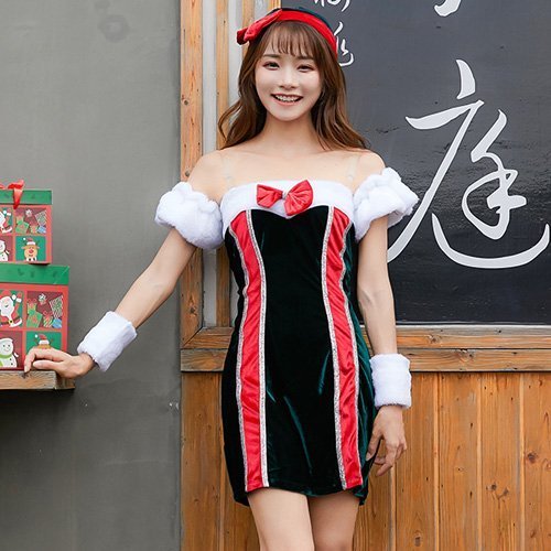 375コスプレ コスチューム ベアワンピ サンタガール ガーリー デコルテ リボン 色気 大人 魅力的 魅せる グリーン Mサイズ GRAXIA グラシア