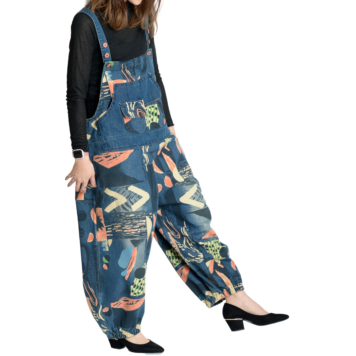 オーバーオール デニム レディース サロペット パンツ 冬 春 夏 大きいサイズ ゆったり デニムパンツ サロペットパンツ サロペ ボトムス 柄 総柄 ペイント ロングパンツ ワイド バルーン オール