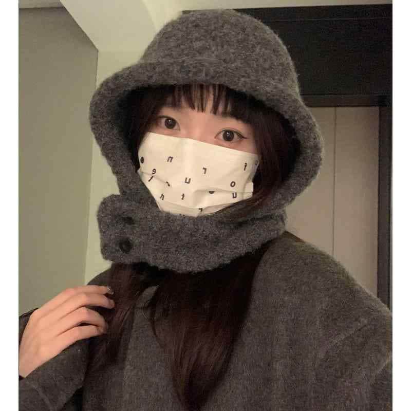 バラクラバ レディース 秋冬 ニット 防寒 厚手 暖かい 耳 カバー ウール 小顔効果 メンズ シンプル カジュアル ボタン 普段使い サイクリング グレー 茶