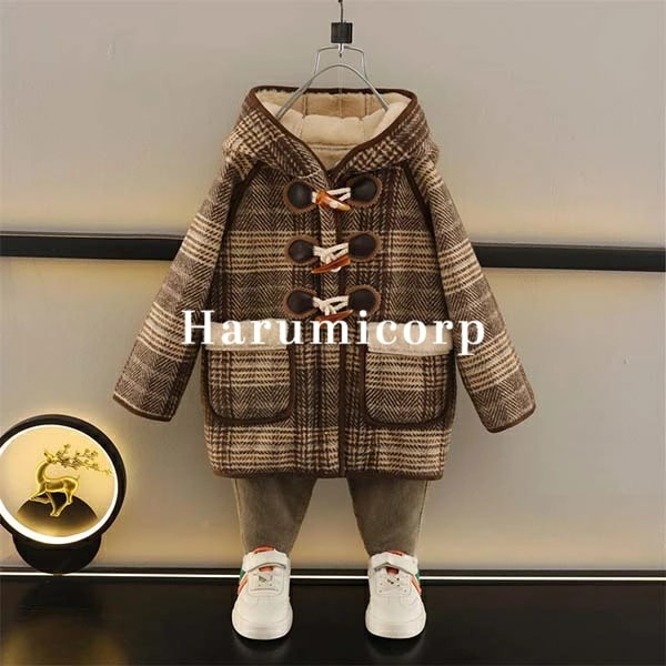 【即納307】キッズ コート 裏起毛 男子 女子 冬 子供服 ジャケット 厚手 パーカー フード付き チェック柄 トレンチコート アウター ロングコート トップス 韓国子供服 ベビー服 おしゃれ 可愛
