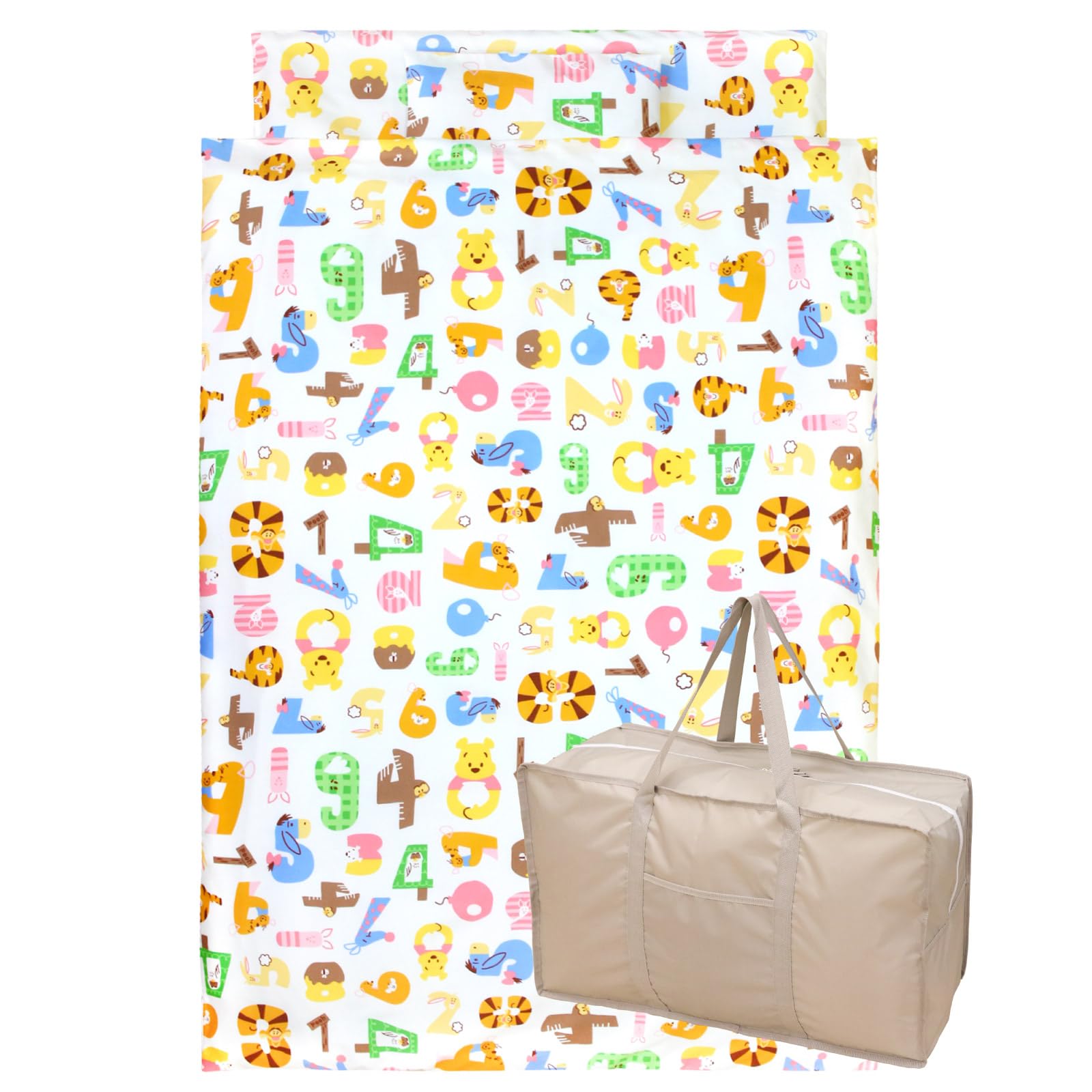 お昼寝布団セット 8点 洗える 綿100％ 撥水バッグ プー＆フレンズ(ホワイト地) お名前ワッペン ネームタグ 保育園 幼稚園