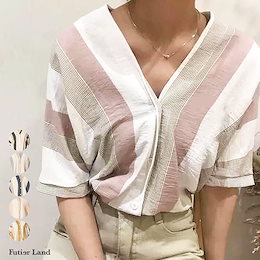 💙1日300枚以上売れてます!!💙**【6/30・7/14頃発送予定】【メール便送料無料】【春夏新作】ブラウス ストライプ ノーカラー 半袖 フロントボタン 配色 Vネック 韓国 ファッシ