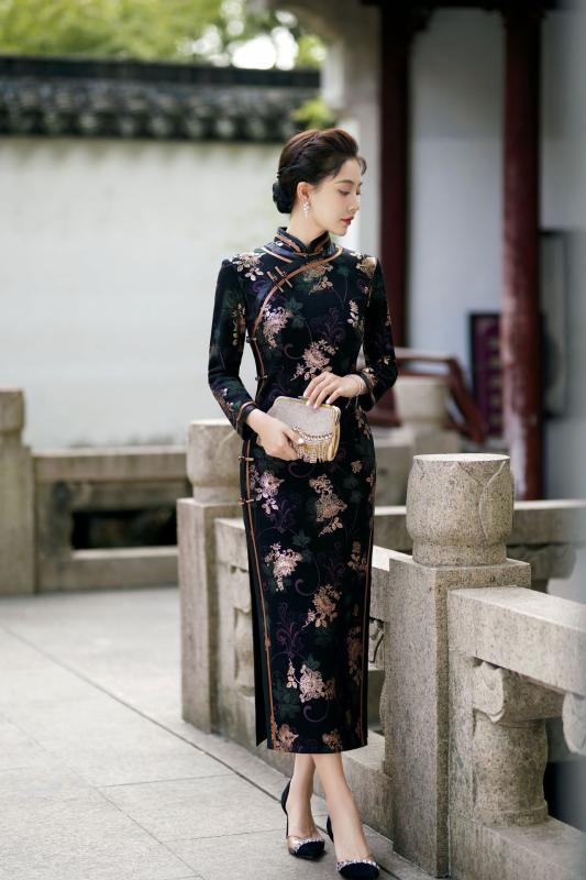 【送料無料】チャイナ ドレス おしゃれ チャイナ風 スリムレトロ ハイエンド ロング 長袖 レトロ ハイスリット 七分袖