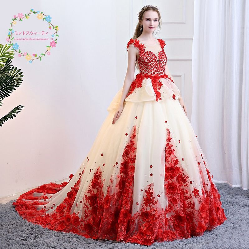 カラードレス 演奏会用ドレス ロングドレス ウエディングドレス 二次会 花嫁 フラワー 赤 結婚式