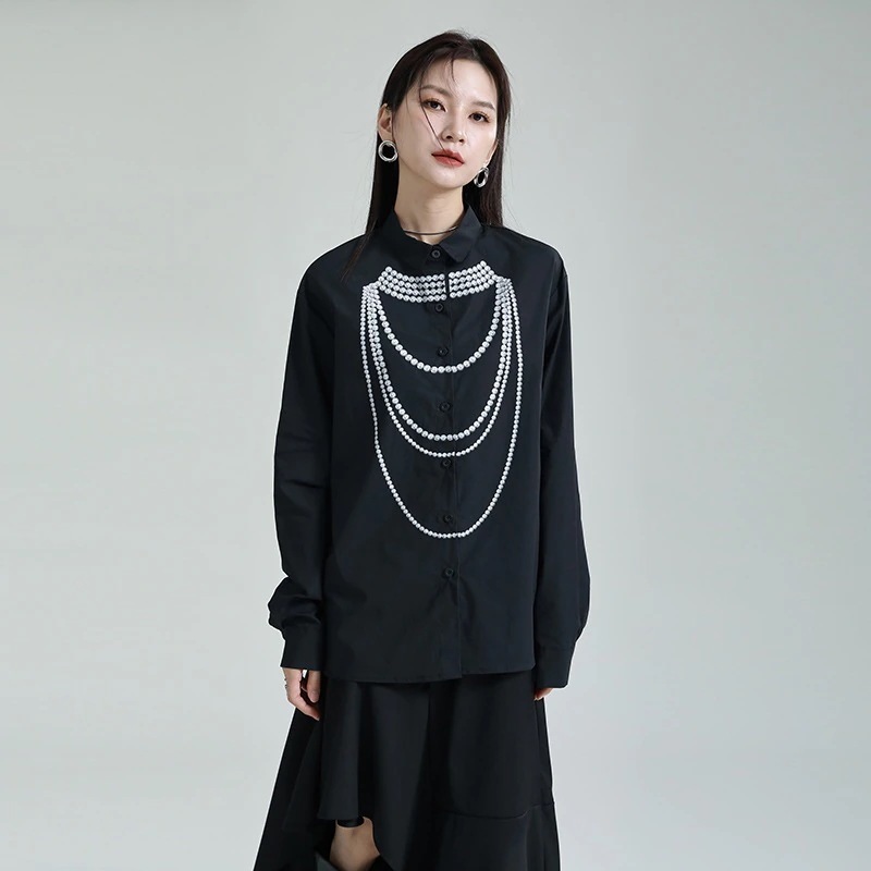 【J.Fashion】 プリントパール飾り シャツ 春 レディースブラウス プリント真珠柄 レディースシャツ 長袖 トップス 日焼け止め メガ割