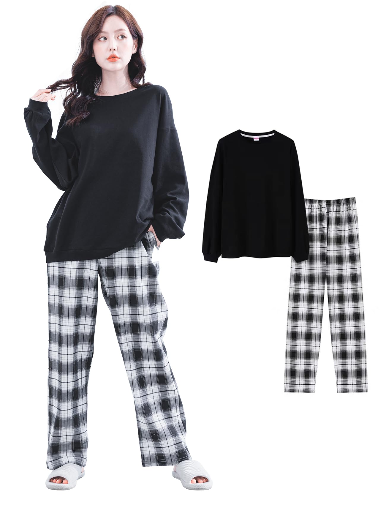 [Beatgos] ルームウェア パジャマ 部屋着 レディース 綿 100 長袖 セットアップ 可愛い (3035 XL)