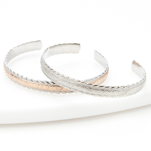 レディース バングル サージカルステンレス ハワイアン 彫柄 リーフ スクロール プルメリア