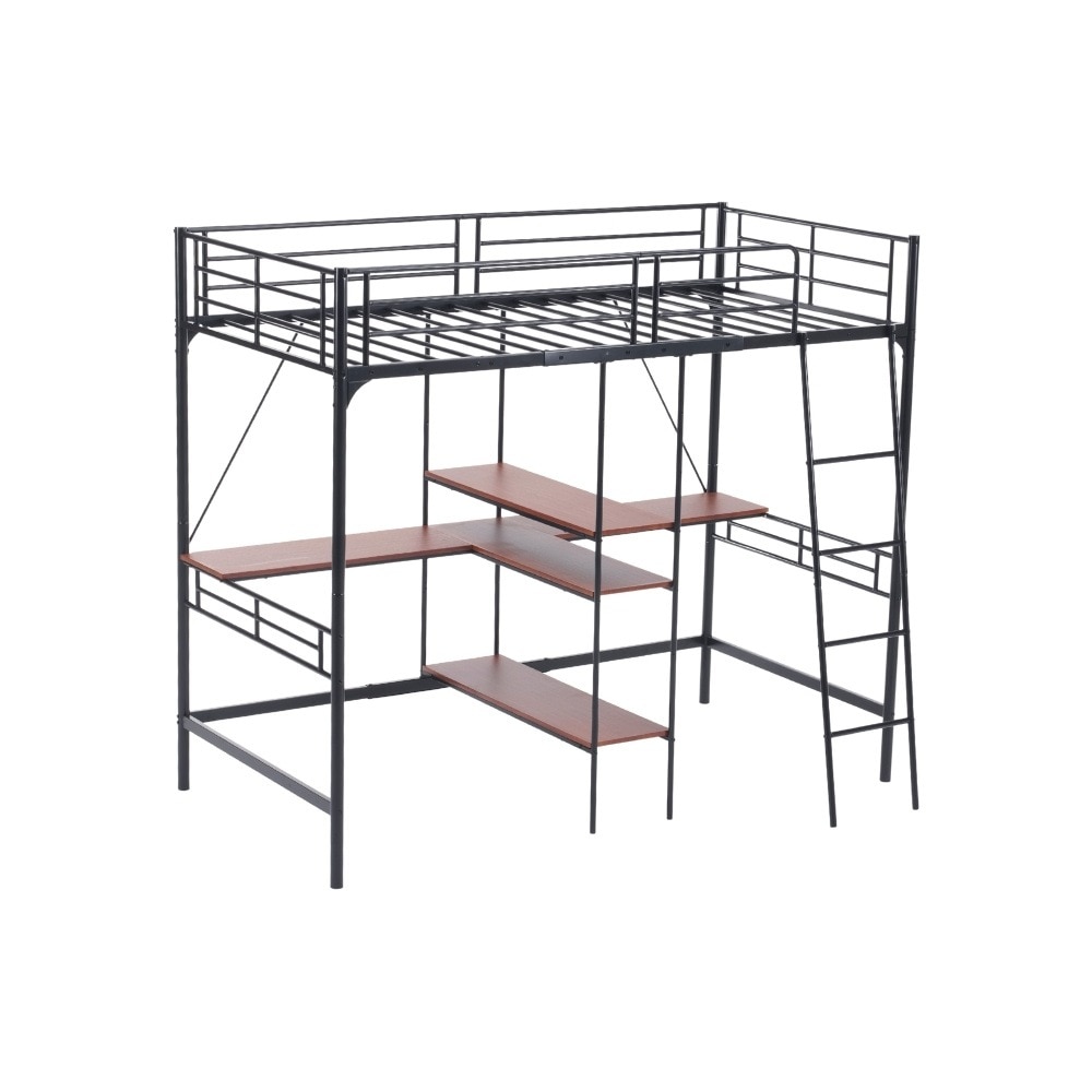 2025年新作 ロフトベッド シングル 収納棚付き 北欧風 木目 子供ベッド 大人ベッド 一人暮らし スチール 耐震 ベッド ブラック