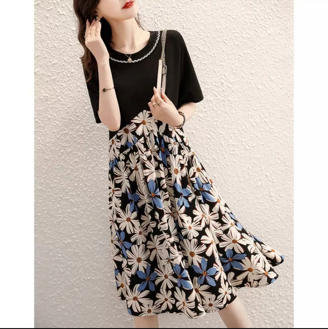 ワンピース フレアワンピ 切り替えデザイン ワンピ 花柄 ロング ミモレ丈 袖あり 半袖 カラーネック スリム タイト 細身 ウェーブ ナチュラル Aライン 大人可愛い きれい シンプル カジュアル