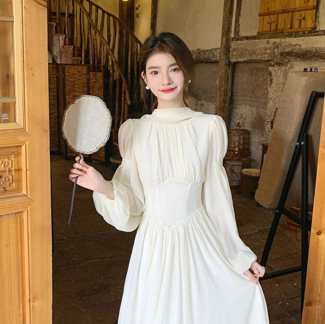 レディース ワンピース ロング 長袖 ハイネック フレア Aライン フェミニン ふわふわ かわいい 大人可愛い きれいめ シンプル 上品 おしゃれ ガーリー モード系 エレガント 主役級 キュート