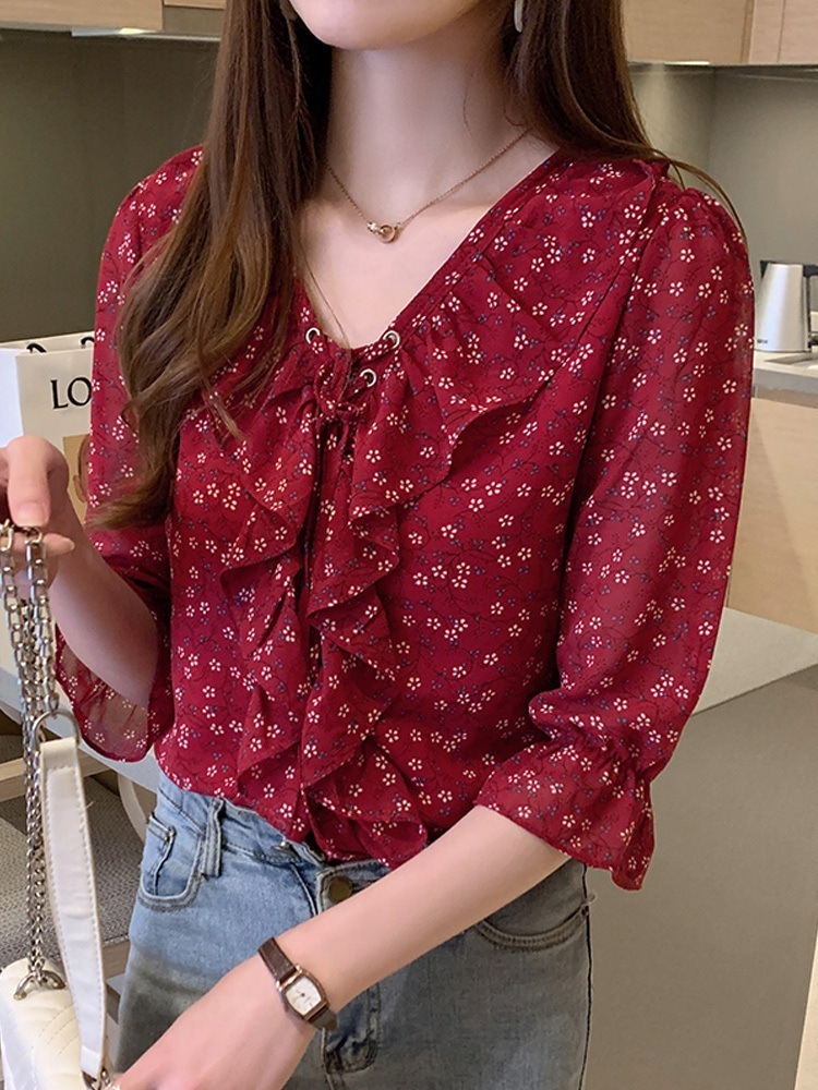 シャツ ブラウス カットソー レディース ５分袖 Vネック リボン フリル かわいい 大人可愛い きれいめ シンプル レトロ ガーリー 花柄 フラワー 春 秋 ママ 学生 デート レッド トップス 4,572円