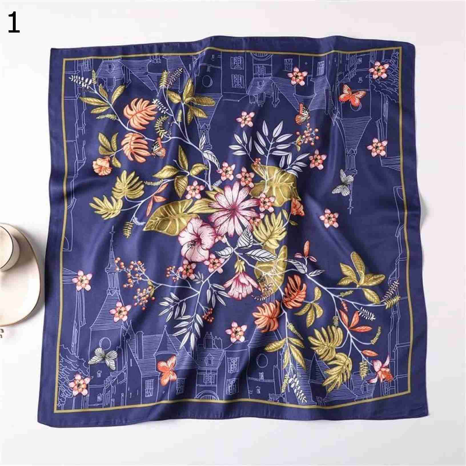 【20%OFFクーポン～】ネックスカーフバッグの装飾スカーフカチューシャ花葉蝶プリント女性サテン小さな正方形ヘッド スカーフ (Color : Dark blue Size : 70x70cm)