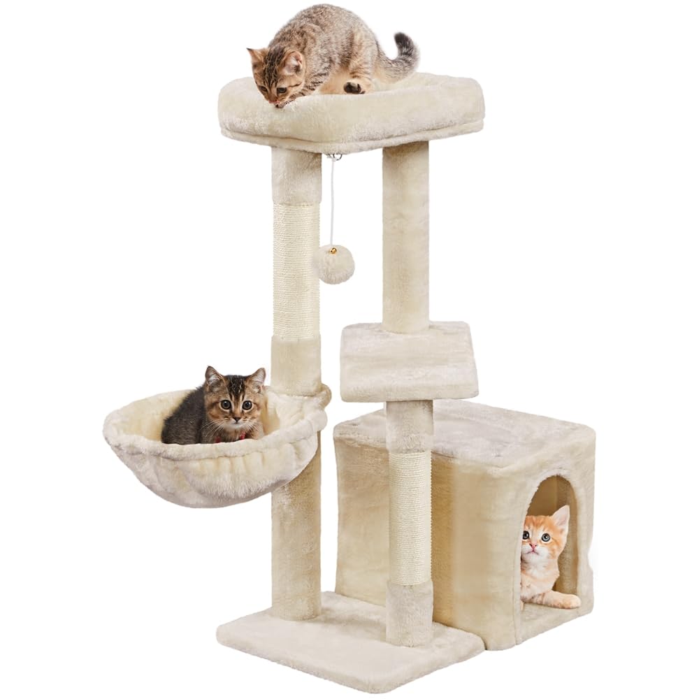 Yaheetech キャットタワー 猫タワー 小型 スリム 多頭飼い 猫ハウス キャットハウス 猫タワー 多機能 据え置き 転倒防止 簡単組立 取り外し可能 見おろし展望台 ハンモック おもちゃ 爪と