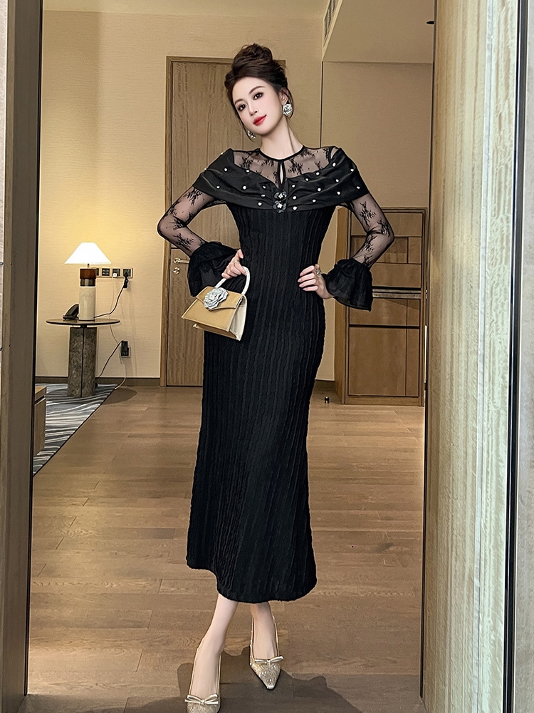 【JY.上品】 2025春新品 レースドッキング スリム フリル 誕生日 ワンピース ドレス パーティー キャバ 大人 同窓会 披露宴 卒業式 結婚式 演奏会 ウェディング 二次会 メガ割