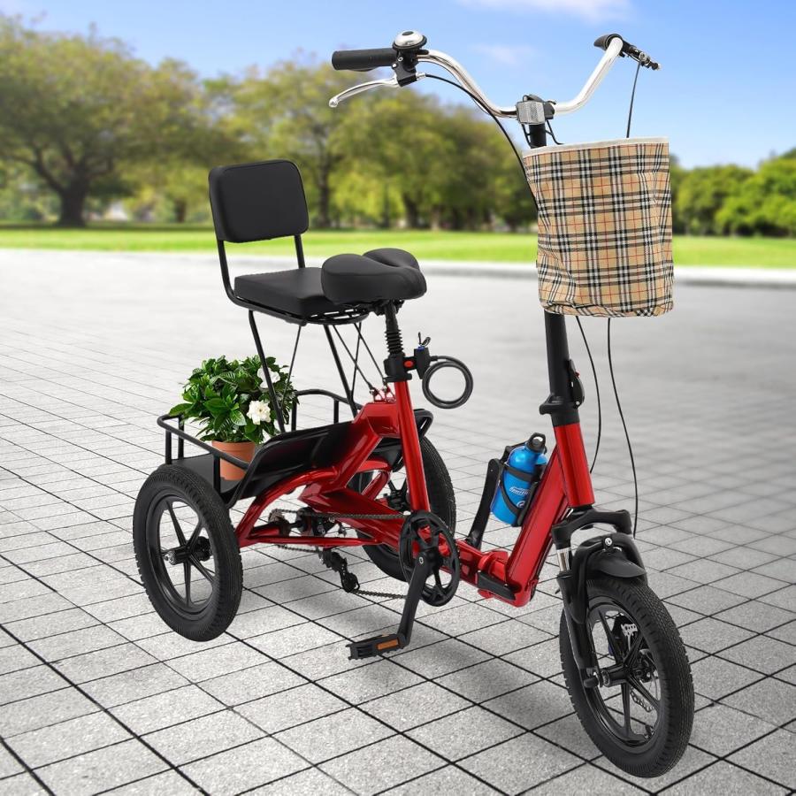 大人用14インチ三輪車三輪自転車3輪ロードバイク大人用三輪車大人&子供用折りたたみ三輪自転車 買い物カゴ&背もたれ付き