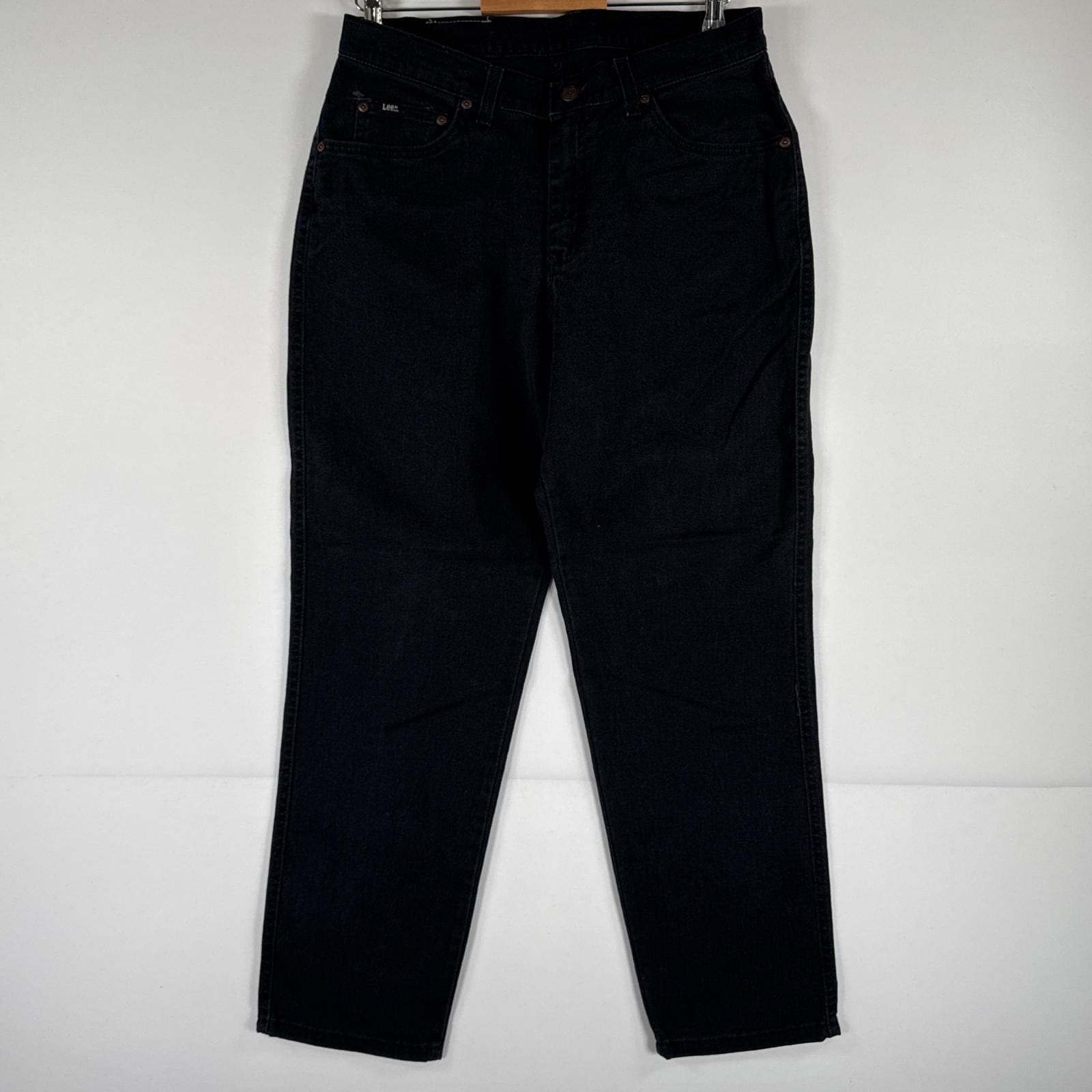 古着 リー USA製 デニムパンツ Lee ジーパン カラーパンツ 5ポケット ジップフライ レザーパッチ テーパード 14P ブラック レディース