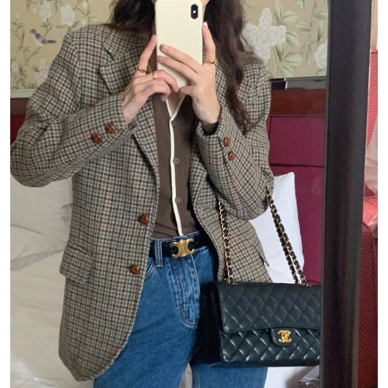 秋韓国千鳥格襟単列はウール上着2色を掛けます