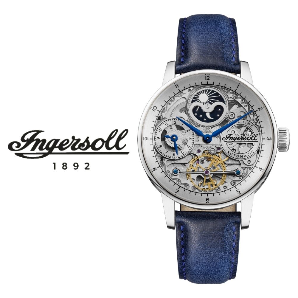 自動巻き 腕時計 インガソール 正規 ザ ジャズ オートマチック ムーンフェイズ デュアルタイム ブルーレザー 電池交換不要 メンズ アメリカ ニューヨーク ブランド 時計 ヴィンテージ かっこいい